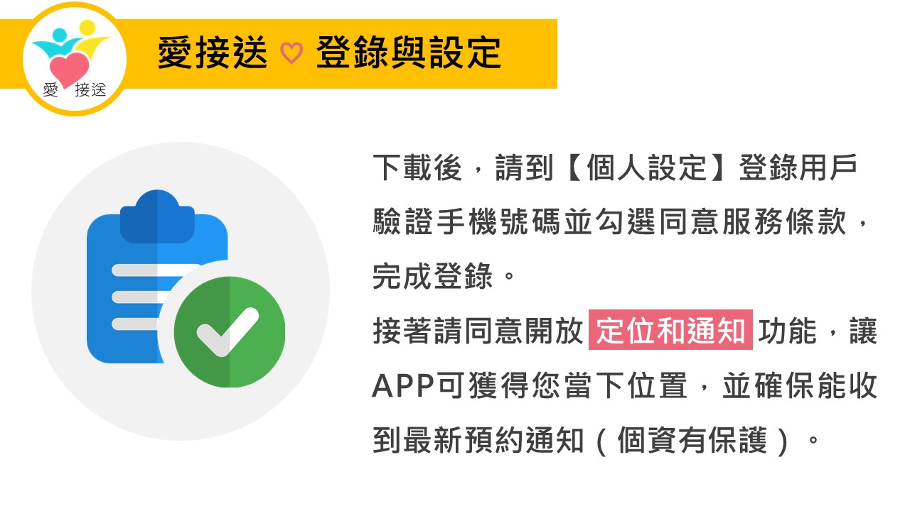 登錄與設定～下載後，請到首頁的【個人設定】登錄用戶，接著到首頁的【個人設定】，點選「設定」，打開定位和通知功能，確保能收到最新預約通知（個資有保護）