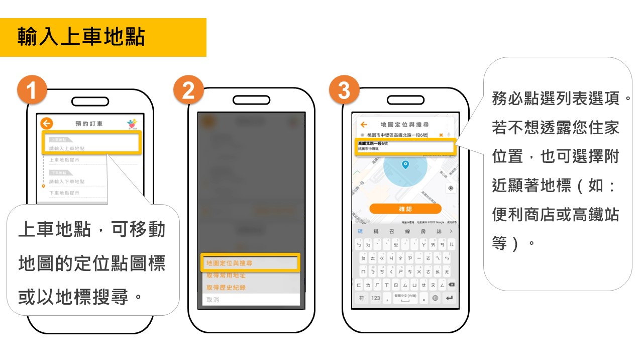 輸入上車地點～務必確認是正確地址，並注意是在馬路的哪一邊。若不想透露您住家位置，也可選擇附近顯著地標（如：便利商店或銀行等）