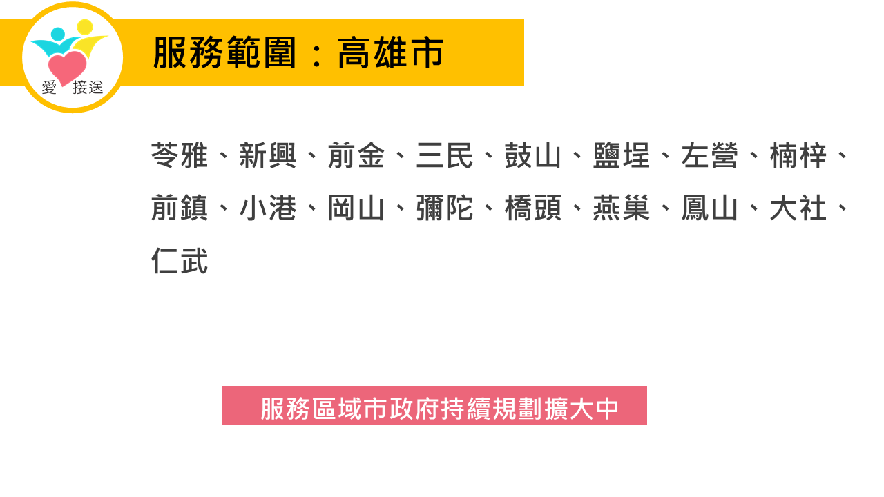 愛接送服務範圍～苓雅、新興、前金、三民、鼓山、鹽埕、左營、楠梓、前鎮、小港、岡山、彌陀、橋頭、燕巢、鳳山、大社、仁武